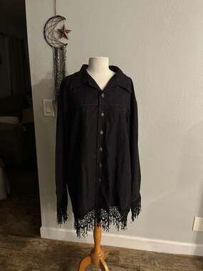 Black Faux Suede Lace Fringe Trim Button Down Shirt Jacket Size M over sz